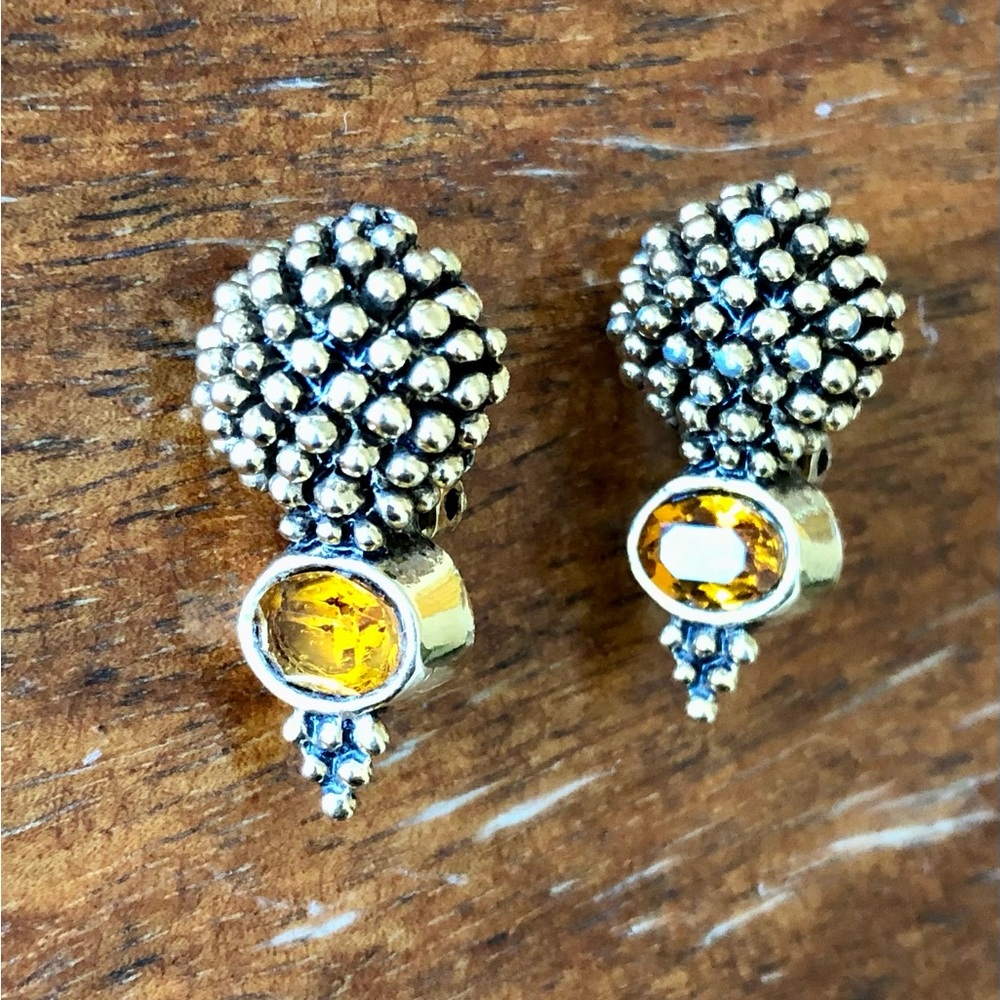 Vintage Gold Tone Dot Clip On Earrings with multifaceted Oval Amber Stones
